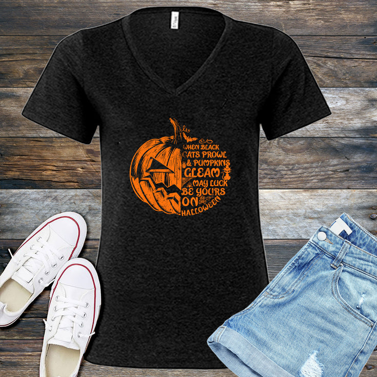 Cats Prowl and Pumpkins Gleam V-Neck's Image